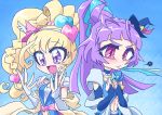  2girls :d :t absurdres ahoge asahina_mirai black_hat blonde_hair braid bridal_gauntlets choker commentary_request cure_magical cure_miracle hair_ornament hat heart_hair_ornament highres izayoi_liko magical_girl mahou_girls_precure! mini_hat mini_witch_hat multiple_girls navel open_mouth otokamu pink_hat precure purple_hair sapphire_style smile upper_body violet_eyes witch_hat 