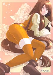  1girl ass bodysuit brown_eyes brown_hair final_fantasy final_fantasy_ix garnet_til_alexandros_xvii gloves highres kingyo latex leather long_hair looking_back low-tied_long_hair lying on_side skin_tight solo tied_hair very_long_hair 