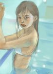  1girl bikini blue_eyes female kamimura_aki long_hair looking_at_viewer partially_submerged pool solo swimsuit water wet 