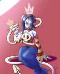  1girl bare_shoulders blue_skin breasts cleavage crown detached_collar detached_sleeves dress hair_over_one_eye leviathan_(skullgirls) moroon red_eyes skull skullgirls squigly_(skullgirls) stitched_mouth striped_sleeves zombie 