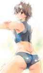  1boy ass brown_eyes brown_hair from_behind hai_to_gensou_no_grimgar haruhiro_(grimgar) male_swimwear short_hair swim_briefs swimsuit swimwear tank_top torajimaneko 