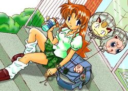  1girl aogaeru badge bag balloon blue_eyes bottle brown_hair clefairy drink dutch_angle jigglypuff lass_(pokemon) long_hair looking_at_viewer meowth miniskirt npc_trainer outdoors pokemon rainbow_badge sitting skirt smile stairs 