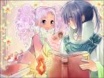  00s 1boy 1girl blue_hair blush book candle chocolate dark_skin dress flower frills keele_zeibel long_hair meredy open_mouth purple_hair short_hair tales_of_(series) tales_of_eternia twintails violet_eyes 