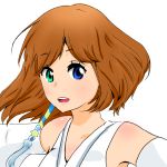  1girl breasts brown_hair detached_sleeves final_fantasy final_fantasy_x heterochromia japanese_clothes jewelry short_hair solo yuna yuna_(ff10) 