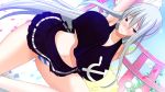  1girl armpits bare_arms bare_shoulders blue_skirt blush bouncing_breasts breasts character_request cheerleader cleavage colored_eyelashes curvy game_cg grey_hair highres huge_breasts leg_up legs long_hair looking_at_viewer mae midriff navel outdoors panties red_eyes sengo_muramasa:_ken_no_gaika silver_hair skirt solo standing striped striped_panties thighs underwear 
