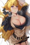  1girl arms_up belt black_gloves blonde_hair breasts cleavage collarbone eyebrows eyebrows_visible_through_hair fingerless_gloves garter_straps gloves hews_hack large_breasts long_hair looking_at_viewer lying on_back open_clothes rwby smile solo sweat vambraces very_long_hair violet_eyes yang_xiao_long 
