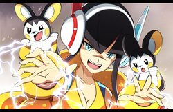  1girl :d black_hair blue_eyes emolga gym_leader headphones kamitsure_(pokemon) lightning open_mouth parody pokemon pokemon_(game) pokemon_bw pokemon_bw2 smile star_wars vivivoovoo 