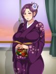  1girl blush breasts curtains enoshima_iki flower glasses hair_flower hair_ornament hands_together highres huge_breasts indoors japanese_clothes kimono legs looking_at_viewer makeup original ponytail purple_hair red_eyes smile solo standing sweatdrop thighs window 