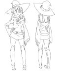  1girl akko_kagari belt boots character_sheet cosmic_bear hand_on_hip hat hood hoodie knee_boots lineart little_witch_academia miniskirt monochrome skirt smile solo thigh_gap wide_sleeves witch_hat 
