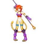  1girl animal_ears breasts breath_of_fire breath_of_fire_ii cat_ears cat_tail cleavage facial_mark furry gloves green_eyes no_pants orange_hair pointy_ears rinpoo_chuan short_hair solo staff tail white_background 