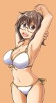  1girl :d absurdres alto-00 armpits arms_up aussa bikini breasts brown_eyes brown_hair cowboy_shot duel_monster front-tie_bikini front-tie_top glasses highres large_breasts looking_at_viewer navel open_mouth short_hair side-tie_bikini smile solo stretch swimsuit white_bikini yu-gi-oh! 