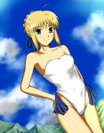  1girl ahoge arm asaishi bare_arms bare_legs bare_shoulders blonde_hair braid breasts casual_one-piece_swimsuit clouds fate/stay_night fate_(series) female green_eyes legs looking_at_viewer mountain one-piece_swimsuit saber short_hair sky smile solo strapless strapless_swimsuit swimsuit white_swimsuit 