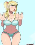  1girl against_glass artist_name bare_shoulders blonde_hair blue_eyes bra breasts cleavage collarbone long_hair looking_at_viewer metroid navel nintendo open_mouth panties ponytail samus_aran simple_background solo underwear zeromomentai 