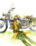  00s 1girl androgynous ground_vehicle hermes kino kino_no_tabi motor_vehicle motorcycle scarf short_hair solo tagme 