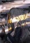  1girl absurdres ammunition assault_rifle bangs black_jacket blonde_hair breasts closed_mouth desert_eagle desert_eagle_(girls&#039;_frontline) eyebrows_visible_through_hair frost2042 girls_frontline gun handgun highres holding holding_gun holding_weapon jacket jewelry licking licking_weapon long_hair looking_at_viewer open_clothes open_jacket profile revolver rifle ring solo tongue tongue_out upper_body weapon yellow_eyes 