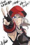  1girl alisa_ilinichina_amiella armpits blue_eyes blush breasts cabbie_hat elbow_gloves fingerless_gloves gloves god_eater hat highres large_breasts long_hair looking_at_viewer navel no_bra one_eye_closed silver_hair simple_background smile solo under_boob v white_background 