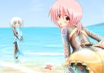  2girls ass beach bikini bird blush crab dolphin full_body_tattoo hair_ornament irezumi multiple_girls phoenix piercing pink_eyes pink_hair seiji_(artist) swimsuit tattoo white_eyes white_hair 