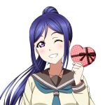  1girl blue_hair blush box chocolate chocolate_heart gift grin heart heart-shaped_box kazuma_(theworld000021) long_hair looking_at_viewer love_live!_school_idol_project love_live!_sunshine!! matsuura_kanan official_style one_eye_closed ponytail ribbon school_uniform serafuku smile solo valentine violet_eyes 