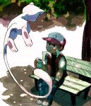  90s bench gloves hat kaeru_touritsu mew pokemon pokemon_(game) pokemon_rgby red_(pokemon) red_(pokemon)_(classic) sitting tree 