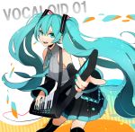  1girl al_(arupaka) aqua_nails black_legwear black_skirt blue_eyes blue_hair breasts collar detached_sleeves exposed_shoulders female guitar hatsune_miku holding_instrument instrument keytar long_hair long_sleeves looking_at_viewer musical_instrument nail_polish necktie neckwear numbers open_mouth playing_instrument pleated pleated_skirt pointing shirt skirt sleeveless sleeveless_shirt small_breasts smile solo strap string text thigh-highs tie_clip twintails vocaloid white_background wires zettai_ryouiki 