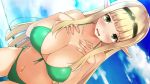  1girl bare_arms bare_legs bare_shoulders bikini bikini_top blonde_hair blush breasts cleavage elf eyebrows eyebrows_visible_through_hair game_cg green_bikini green_eyes hairband hands_on_own_chest highres huge_breasts legs long_hair looking_at_viewer navel ocean outdoors parted_lips pointy_ears sengo_muramasa:_ken_no_gaika sky solo standing swimsuit thighs thong water 