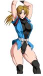  1girl arms_up blonde_hair blue_eyes blush breasts hairband large_breasts leotard long_hair looking_at_viewer martial_champion open_mouth racheal solo thigh-highs 