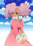  00s 1girl dark_skin dress frills long_hair meredy open_mouth purple_hair sky tales_of_(series) tales_of_eternia twintails violet_eyes 