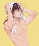  1boy abs looking_at_viewer male_focus multicolored_hair muscle pecs solo touken_ranbu towel 