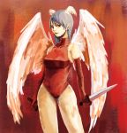  1girl angel_wings armpits bare_shoulders breasts closed_mouth collarbone contrapposto dagger dual_wielding elbow_gloves feathered_wings final_fantasy final_fantasy_tactics gloves head_wings highres holding holding_weapon large_breasts legs_apart leotard long_hair red_eyes red_gloves silver_hair skin_tight smirk solo standing sword turtleneck ultima_(fft) weapon white_hair white_wings wings 