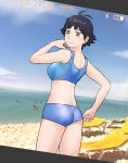  1girl adjusting_clothes adjusting_swimsuit antenna_hair ass black_hair from_behind grey_eyes highres joe_doudou looking_back makoto_(street_fighter) photo_background short_hair solo street_fighter swimsuit tankini very_short_hair viewfinder 