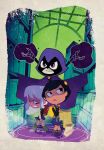 3girls backpack black_hair book chibi cloak dark_skin dc_comics gotham_academy library map maps_mizoguchi multiple_girls olive_silverlock raven_(dc) red_eyes school_uniform short_hair silver_hair teen_titans teen_titans_go! violet_eyes