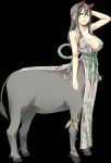  1girl arms_up bare_arms blush breasts centaur cleavage cura embarrassed female flat_(company) flower full_body game_cg green_eyes grey_hair hair_flower hair_ornament highres japanese_clothes large_breasts long_hair looking_at_viewer monobeno monster_girl parted_lips simple_background sleeveless solo standing tail tooko_(monobeno) 