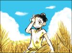  androgynous black_hair clouds do_do_goki outdoors rice sky solo yayoi_period 