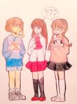  -_- 2girls androgynous ascot flower flowey_(undertale) frisk_(undertale) ib ib_(ib) madotsuki multiple_girls rose shorts skirt striped_shirt sweatdrop trait_connection undertale yume_nikki 