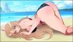  1girl aquila_yuna ass bare_arms bare_legs bare_shoulders beach bikini black_bikini blonde_hair blue_eyes blush breast_press breasts highres huge_ass large_breasts legs long_hair looking_at_viewer ocean outdoors saint_seiya saint_seiya_omega sand sky solo sweat swimsuit thighs top-down_bottom-up water yadokari_genpachirou 