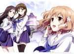  3girls black_eyes black_legwear blue_skirt braid brown_hair hair_ornament hanasaku_iroha ishii_yuriko jpeg_artifacts long_hair matsumae_ohana multiple_girls official_art open_mouth oshimizu_nako pleated_skirt school_uniform shirt short_hair skirt smile thigh-highs tsurugi_minko twin_braids wavy_hair white_shirt 