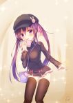 1girl book female gochuumon_wa_usagi_desu_ka? hat highres piripun purple_hair skirt surprised tedeza_rize thigh-highs tied_hair twintails violet_eyes 