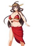  1girl bikini blush breasts brown_hair cleavage curvy huge_breasts kantai_collection kongou_(kantai_collection) long_hair looking_at_viewer mgear moralgear navel simple_background smile solo standing swimsuit violet_eyes wide_hips 