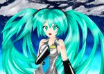  1girl aqua_eyes aqua_hair bare_shoulders breasts clouds detached_sleeves female gradient gradient_background hatsune_miku highres long_hair looking_at_viewer nail_polish necktie night outdoors sky smile solo stars twintails upper_body vocaloid 