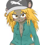  1girl blonde_hair breasts cap denbukuro female furry hat long_hair mouse open_mouth simple_background solo white_background 