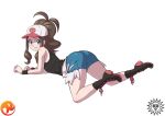  10s 1girl ass baseball_cap blue_eyes boots brown_hair cross-laced_footwear denim denim_shorts full_body grin hat lace-up_boots looking_at_viewer maniacpaint pokemon pokemon_(game) pokemon_bw ponytail reit short_shorts shorts sidelocks simple_background smile solo touko_(pokemon) vest white_background wristband 