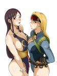  2girls alternate_costume alternate_hair_length alternate_hairstyle asymmetrical_docking backpack bag bare_shoulders belt_pouch black_dress blonde_hair blue_eyes blush bracelet breast_press breasts brown_eyes brown_hair cammy_white capcom choker chun-li cleavage dress goggles goggles_on_head green_eyes hair_down halterneck hand_on_hip jewelry large_breasts leotard lipstick long_hair looking_at_viewer makeup multiple_girls no_bra shiny shiny_clothes shiny_hair shiny_skin sho1027 side_braids sideboob smile spiked_bracelet spikes standing street_fighter street_fighter_v sweat symmetrical_docking unzipped 