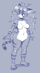  1girl :3 breasts full_body furry long_hair monochrome navel original oyatsu_(mk2) simple_background solo standing wide_hips 