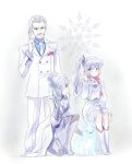  1boy 2girls animal blue_eyes boots cellphone dress family gloves hair_over_one_eye iesupa long_hair mr_schnee multiple_girls necktie pet phone rwby short_hair siblings sisters sitting standing suit symbol weiss_schnee white_hair winter_schnee 