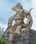  1girl armor artist_request boots female furry lizard nature outdoors plant red_eyes skirt sky solo weapon 