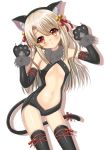  1girl animal_ears bare_shoulders blonde_hair blush breasts cat_ears cat_tail claws fate/kaleid_liner_prisma_illya fate_(series) gloves illyasviel_von_einzbern long_hair looking_at_viewer navel parted_lips paw_gloves red_eyes simple_background small_breasts solo standing suiren_fuyu tail thigh-highs 