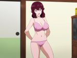  1girl 4st_injection arms_behind_back bare_arms bare_legs bare_shoulders bra breasts brown_hair cleavage glasses highres indoors large_breasts looking_at_viewer majin_bone midriff mound_of_venus navel open_mouth panties pink_bra pink_panties red_eyes ryuujin_chie short_hair smile solo standing underwear 