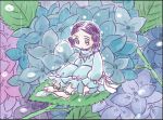  1boy anklet barefoot black_hair do_do_goki flower hydrangea leaf male_focus nature outdoors plant solo yayoi_period 