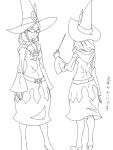  1girl belt boots character_sheet cosmic_bear glasses hair_over_shoulder hat hidden_eyes hood knee_boots little_witch_academia monochrome ponytail smile translation_request ursula_(little_witch_academia) wand wide_hips wide_sleeves witch_hat 