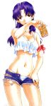  1girl alcohol bare_legs beer groin katsuragi_misato midriff navel neon_genesis_evangelion neon_genesis_evangelion_anima panties purple_hair scar short_shorts shorts solo tank_top underwear utatane_hiroyuki 